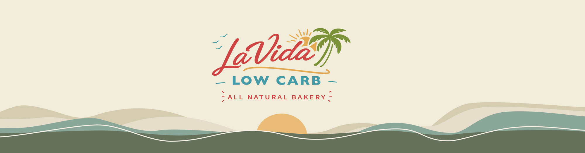 A digital graphic banner for La Vida Low Carb, an all natural bakery. The design features a cream-colored top half with the bakery's logo in red and blue, accompanied by a small green palm tree illustration.